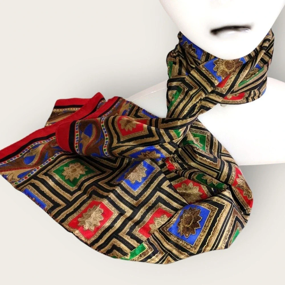 Vintage Echo Silk‎ Scarf Rectangle Floral Tile Print Gold Red